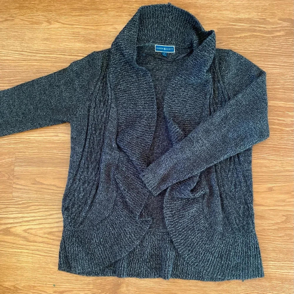 Karen Scott Knit Cascading Waterfall Cardigan Sweater Charcoal Grey Size Large